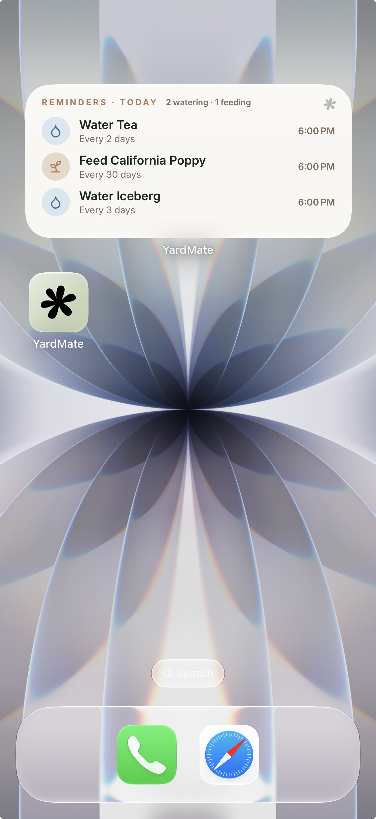 An iPhone Home Screen with the YardMate reminders widget: two waterings and one feeding due today, each with its plant, interval and time.