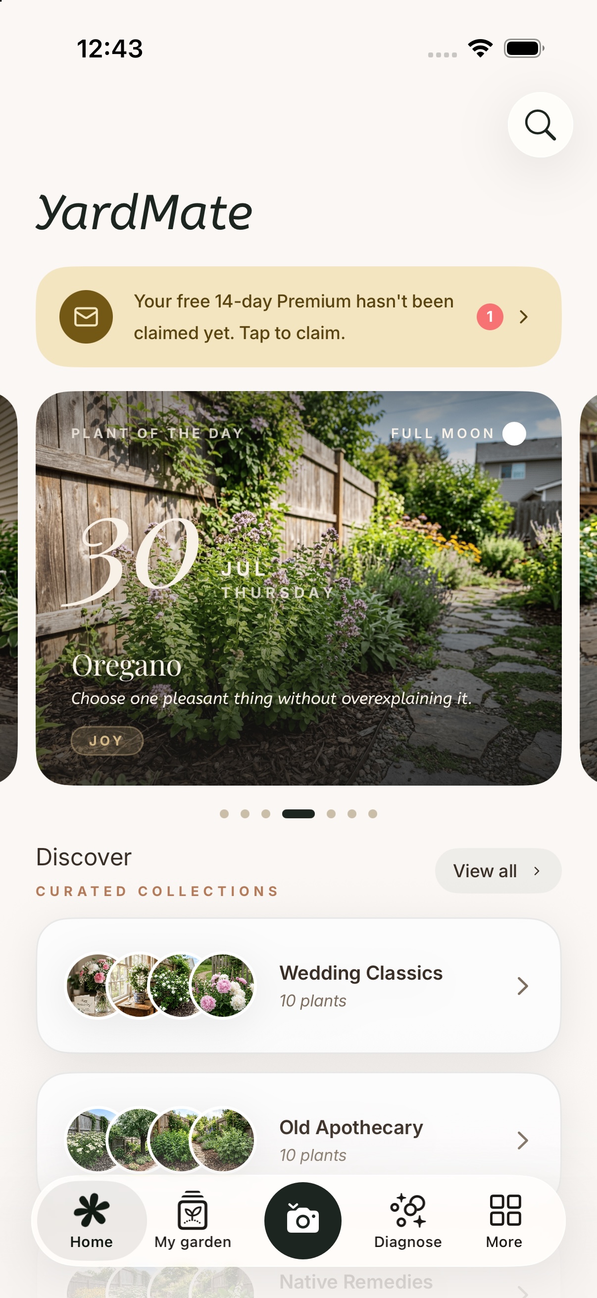 The home screen with collection cards separated by soft shadow only.