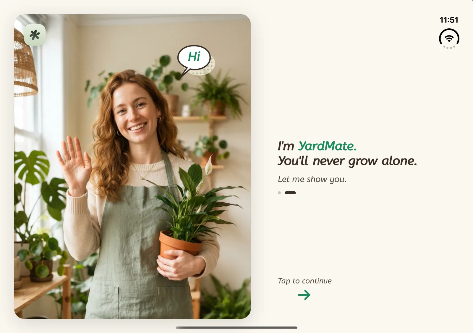 The same welcome screen on the inner display, the gardener on the left page and the greeting on the right.