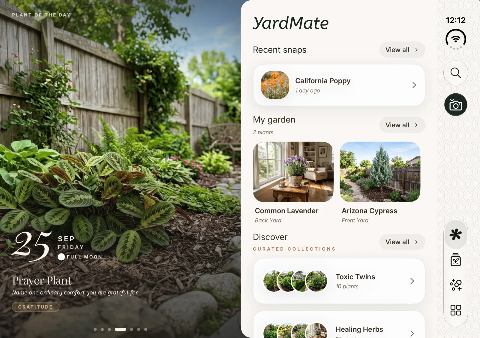 YardMate Home on the iPhone Duo inner display: a full-height photo of a prayer plant as Plant of the Day on the left page, and a paper-textured page on the right with recent snaps, My Garden and curated collections.