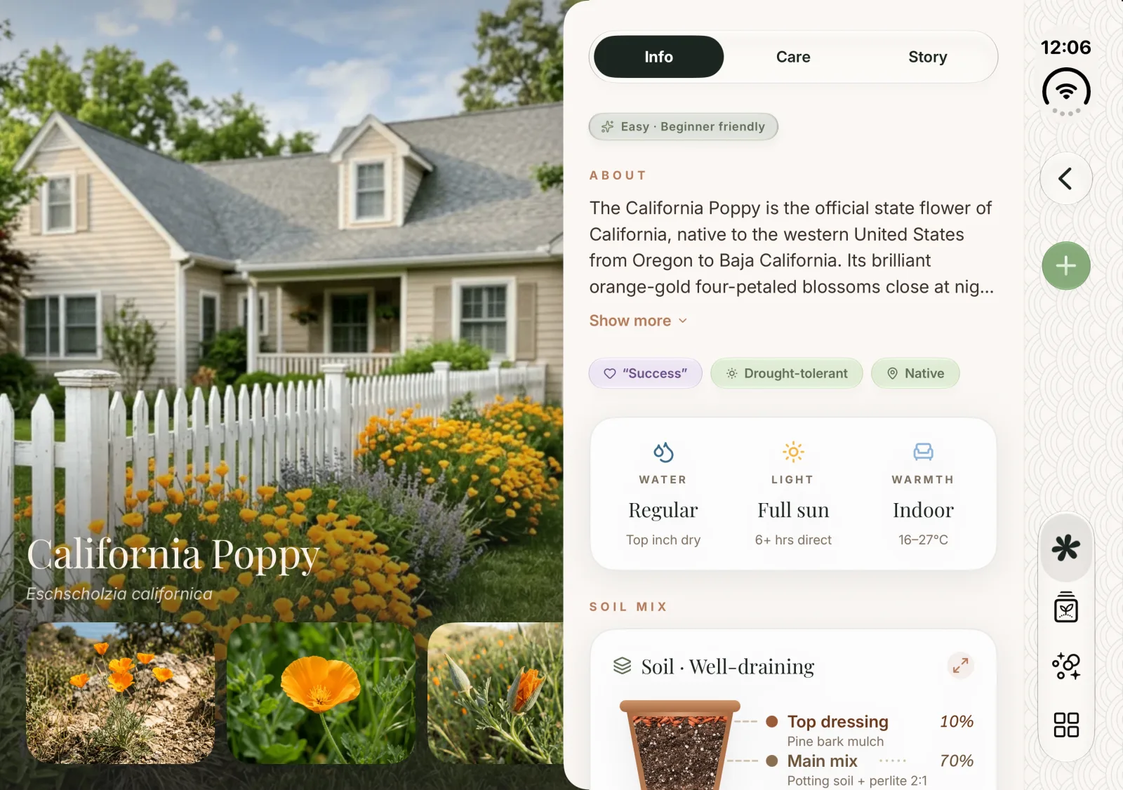 The same California Poppy details on the inner display: the photo and gallery on the left page, About, care and soil mix on the right.