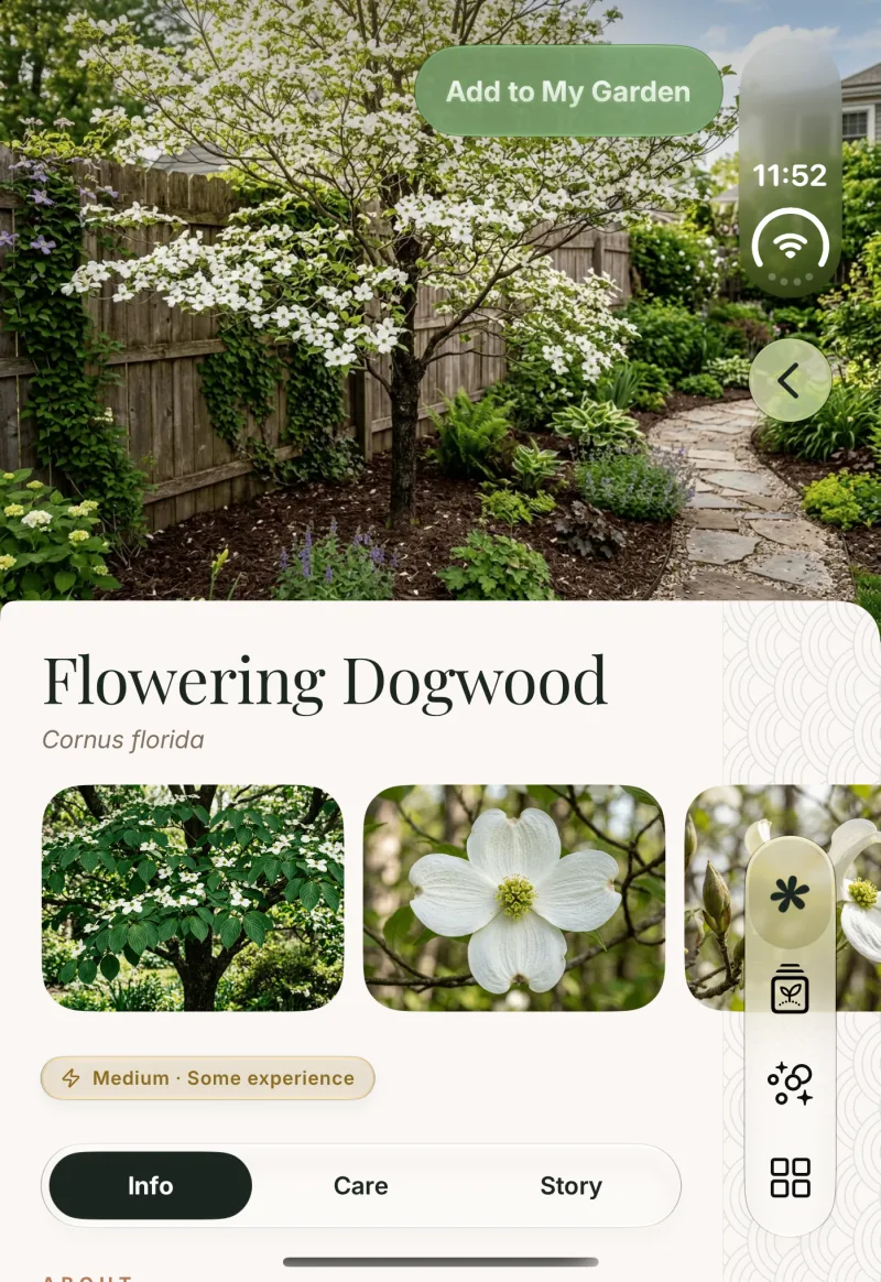 Flowering Dogwood detail on the outer display, the back button and tabs moved into the right-hand rail.