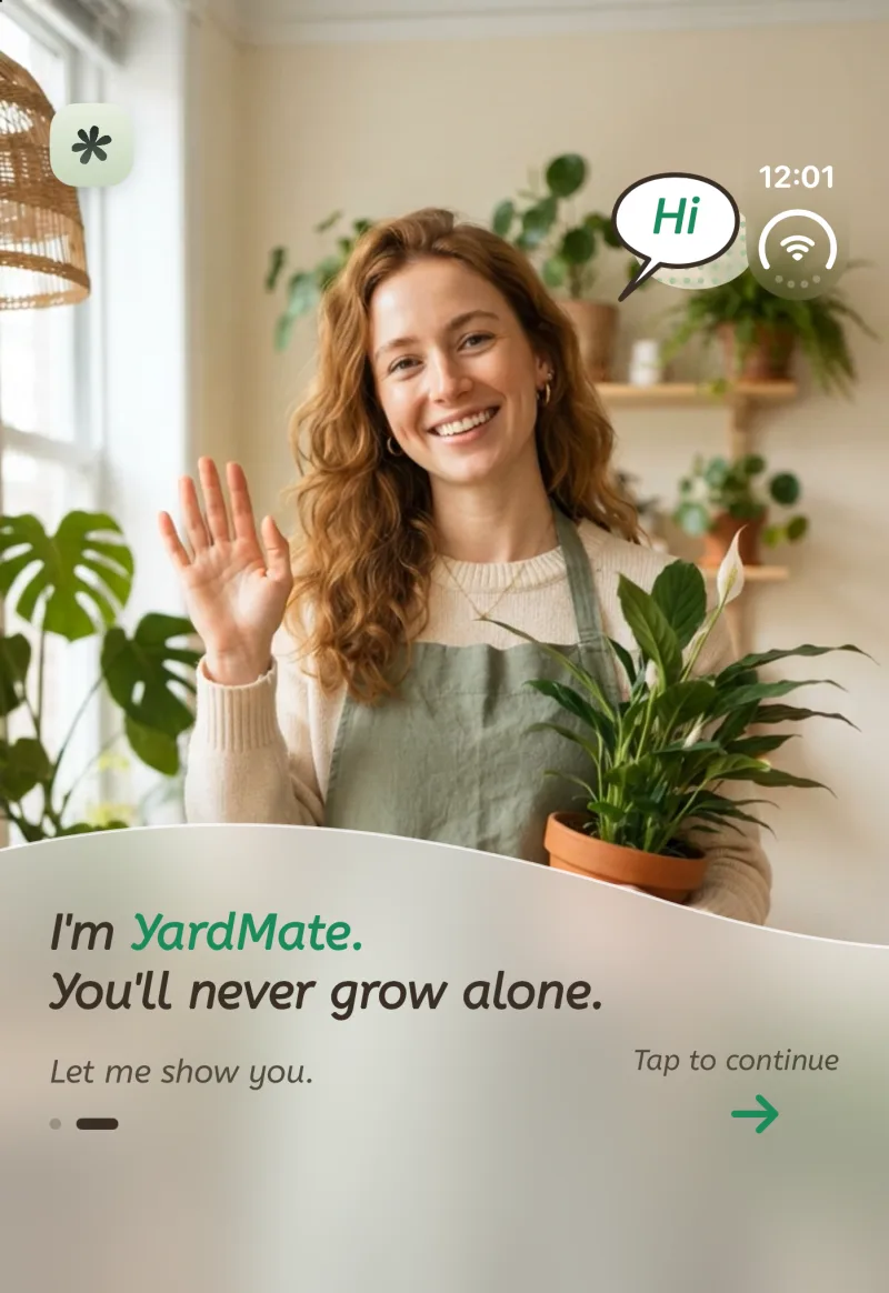 The welcome screen on the outer display: a smiling gardener holding a potted peace lily, with the greeting on a frosted panel below.