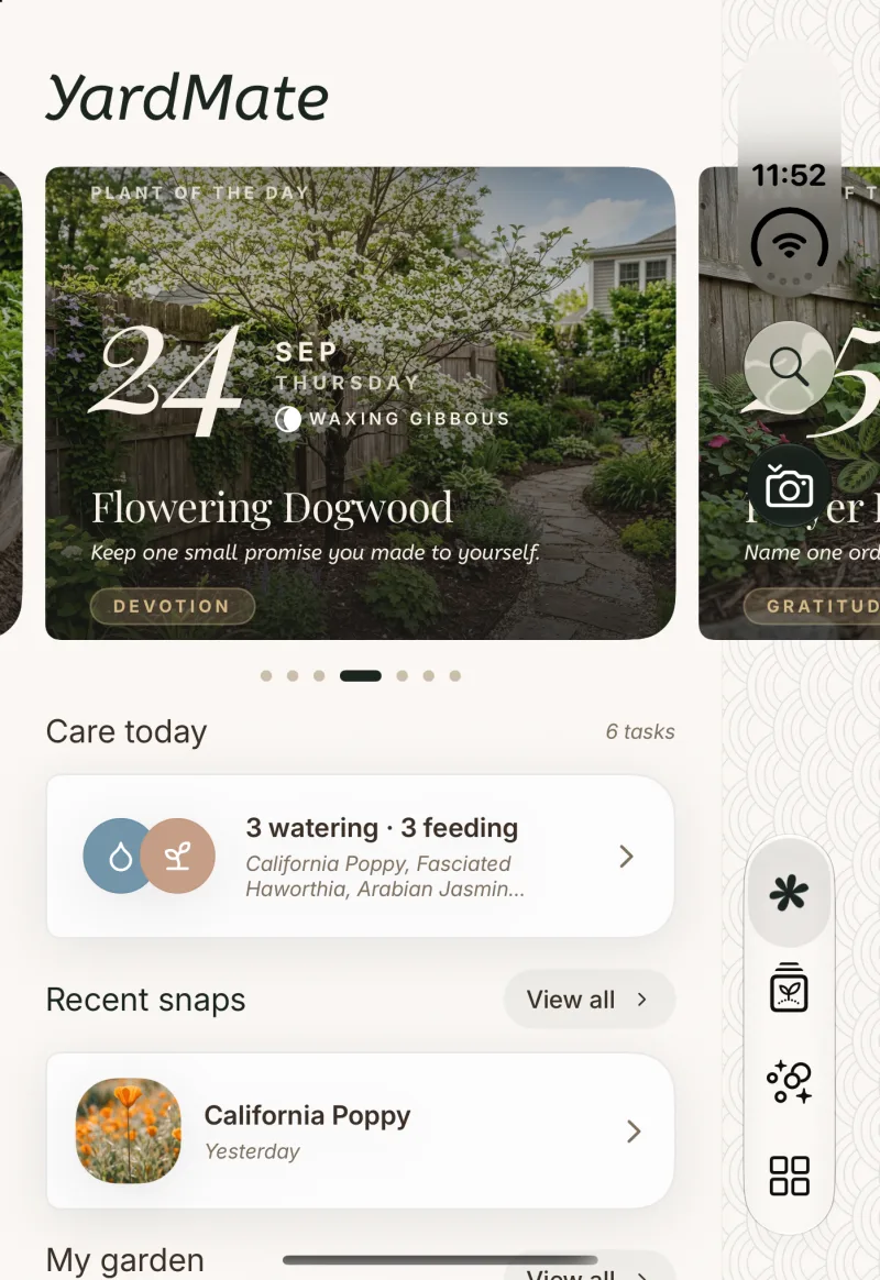 The same Home screen on the outer display, with a vertical rail of search, camera and tab buttons on the right.