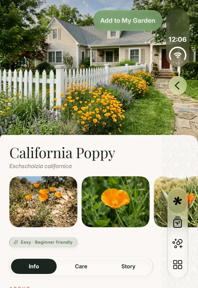 California Poppy details on the outer display: the garden photo on top, the name, gallery and tabs below.